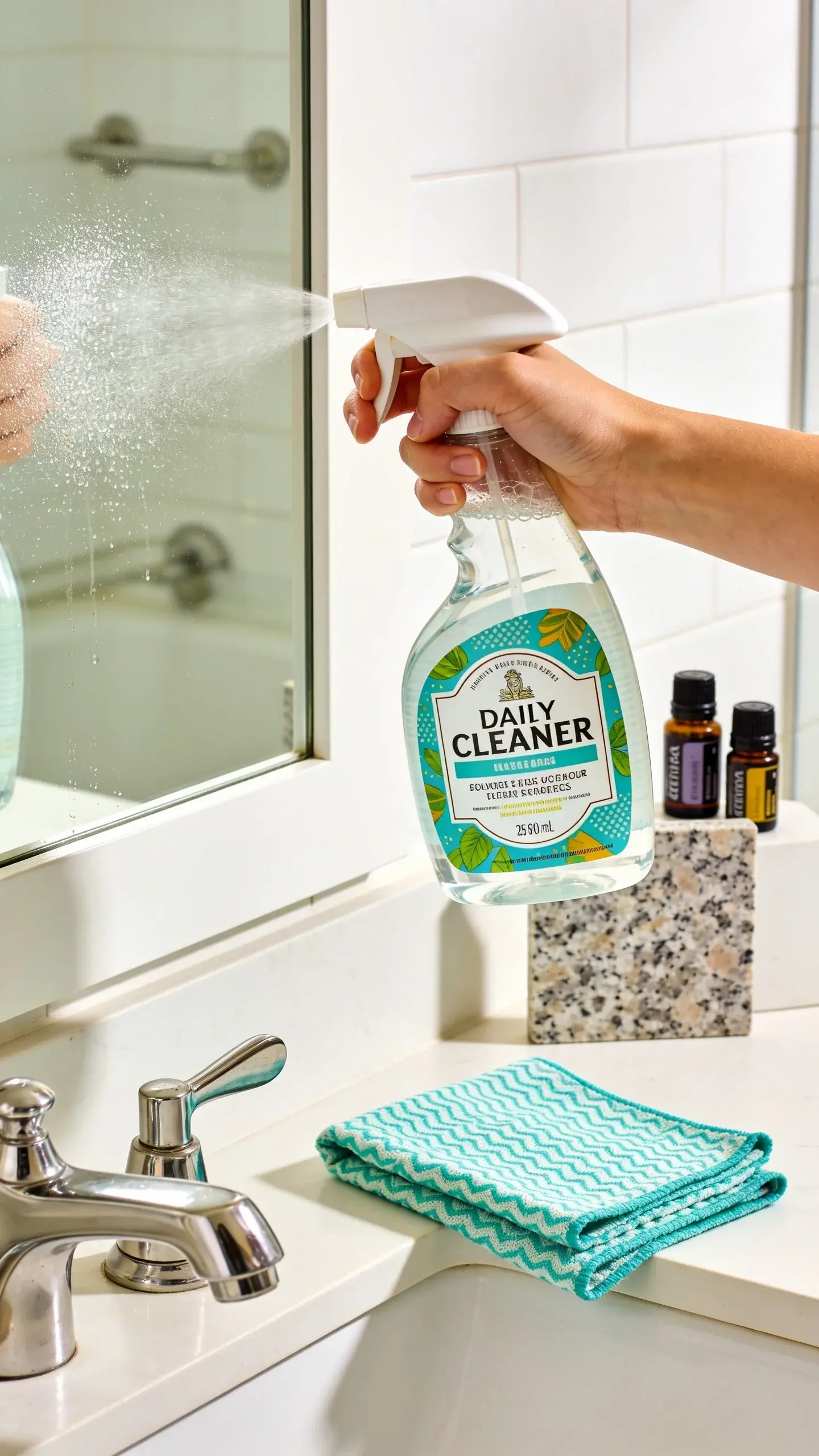 A bathroom vanity and mirror setup with the same DIY cleaner spray bottle and cleaning cloth, mid-action spritz on mirror showing fine mist; nearby are stainless fixtures and a granite sample tile to imply safe use variations, subtle essential oil bottles in background, bright, fresh, magazine-style composition, no text.