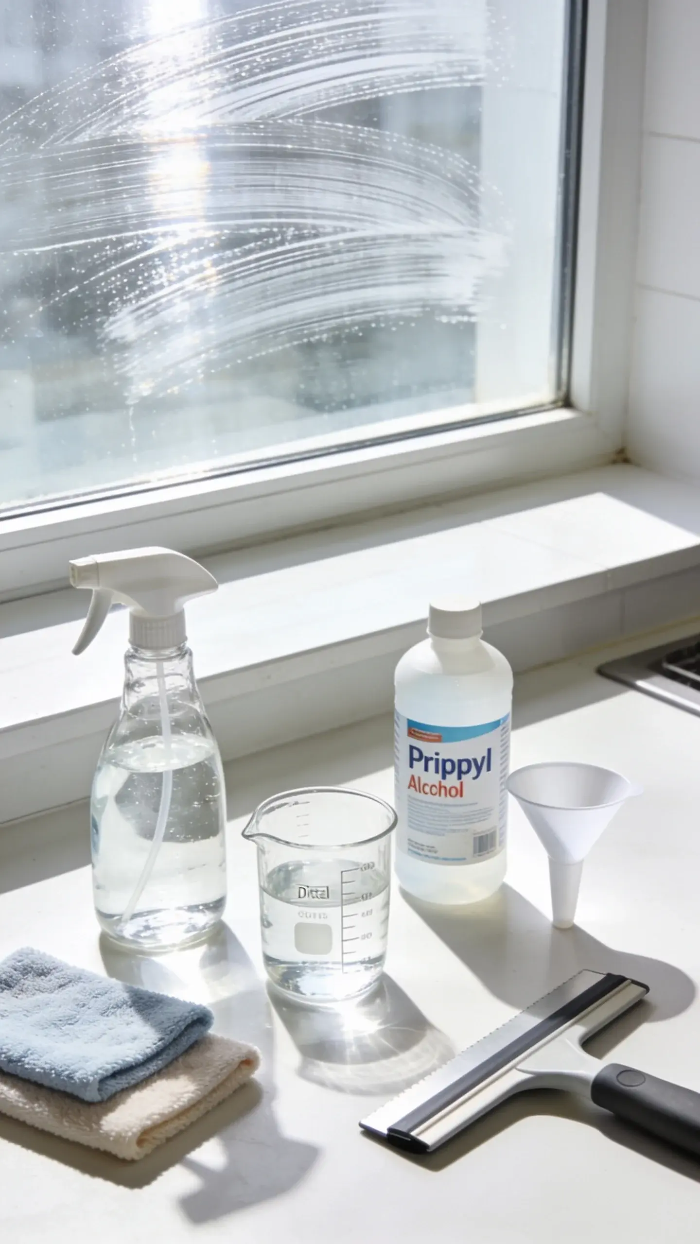 Overhead shot of a clean, sunlit kitchen counter with a clear glass spray bottle labeled only by contents (no text visible) filled with a transparent solution, next to measured ingredients: a glass measuring cup of distilled water, a bottle of isopropyl alcohol, a small funnel, microfiber cloths, and a squeegee; a large window in the background gleaming streak-free.