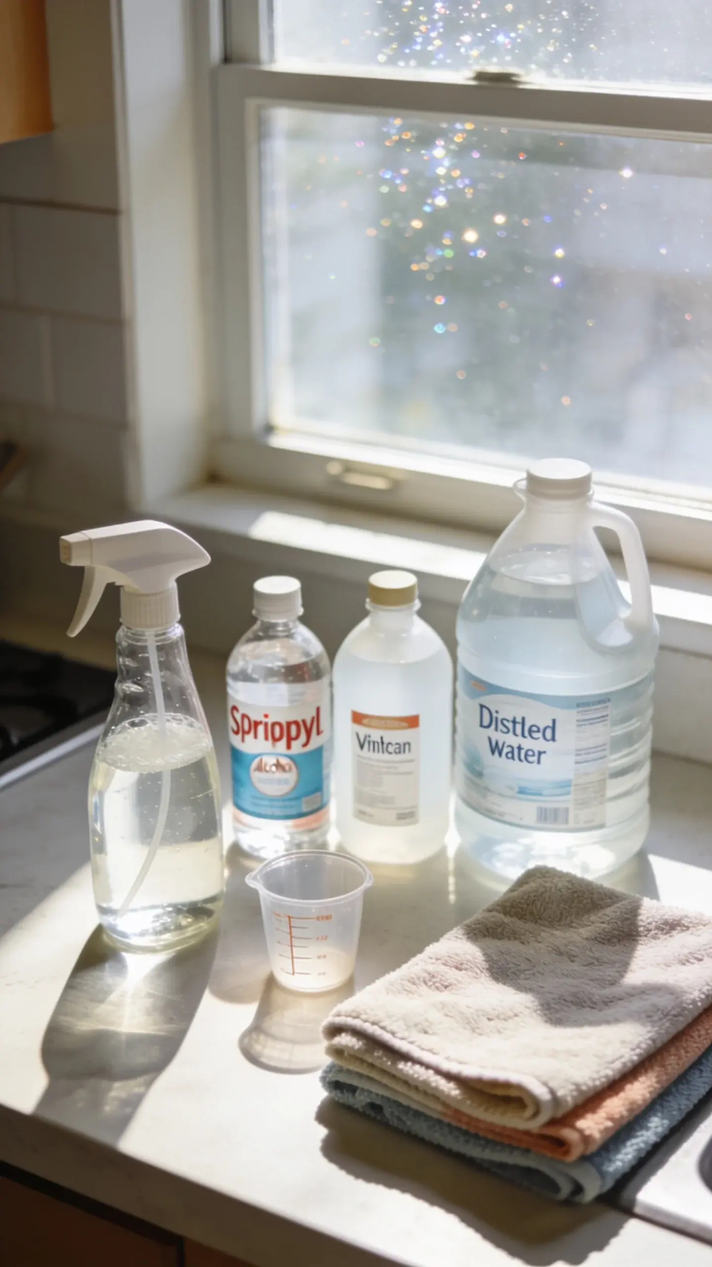 Overhead shot of a simple DIY glass cleaner setup on a bright kitchen counter: a clear spray bottle half-filled with liquid, small measuring cup, bottles labeled isopropyl alcohol, white vinegar, and a jug of distilled water; neatly folded microfiber cloths nearby; sunlit window in the background with subtle sparkle, no text or branding.