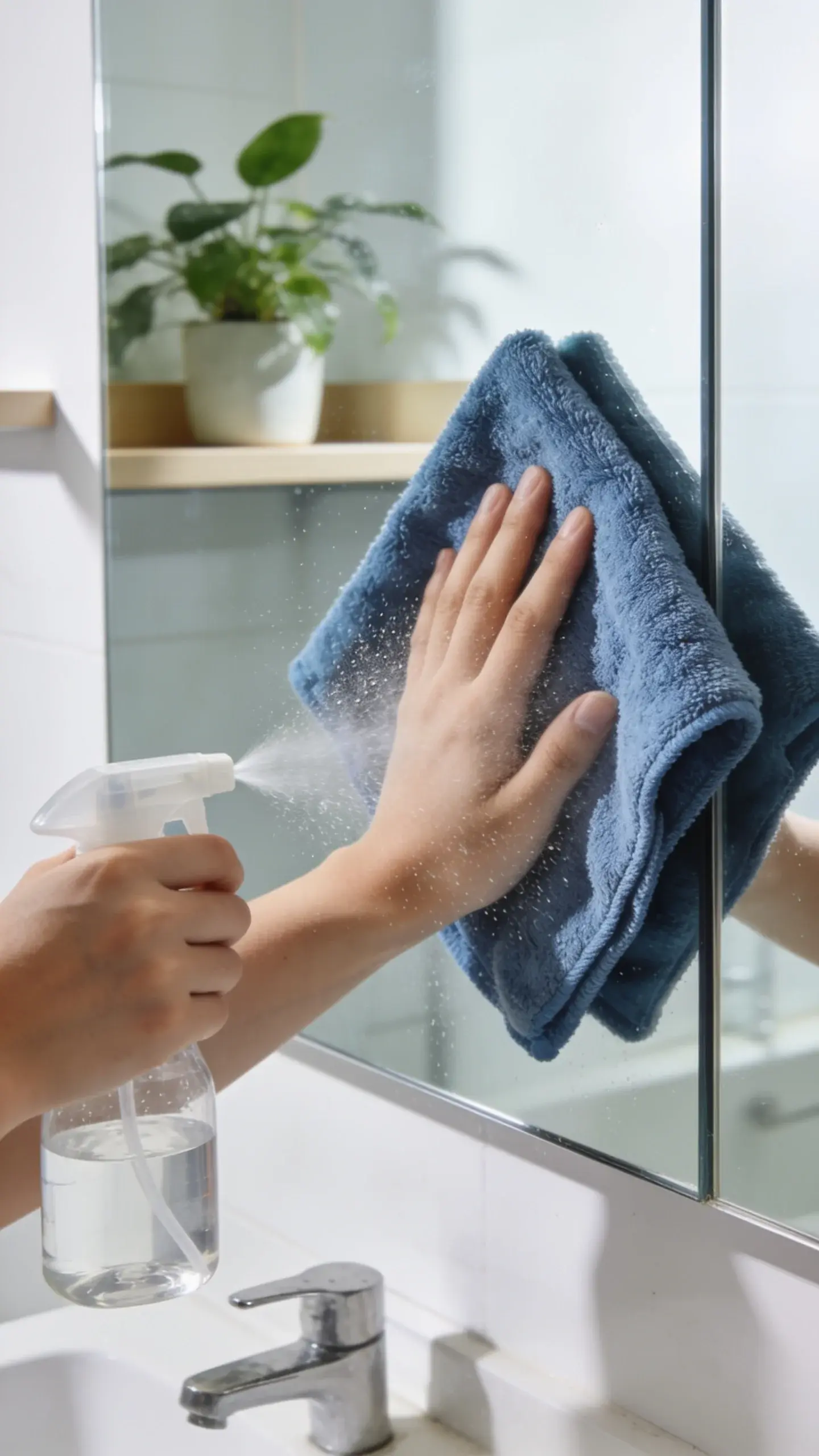 Close-up of a person’s hand using a blue microfiber cloth to wipe a bathroom mirror, with fine mist from a clear spray bottle visible; mirror shows a crisp, streak-free reflection of a plant on a shelf; clean, minimalist bathroom setting with natural light.