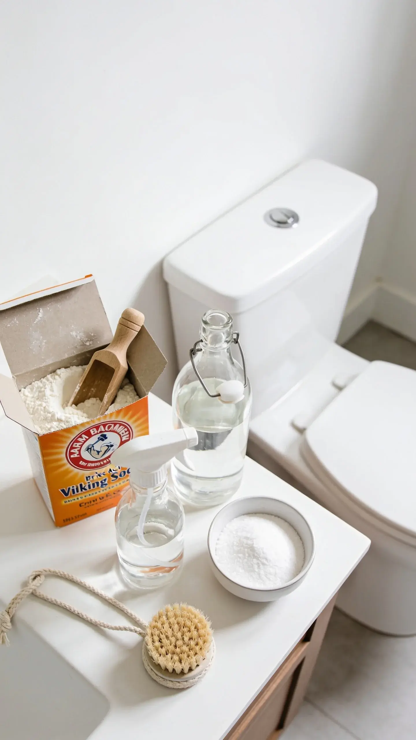 Overhead shot of a clean, bright bathroom with a white porcelain toilet; on the counter beside it are DIY cleaner ingredients neatly arranged: an open box of baking soda with a wooden scoop, a clear glass bottle of white distilled vinegar, a small bowl of citric acid powder, a glass spray bottle with clear liquid, and a reusable scrub brush; soft natural light, no text, fresh minimal aesthetic.