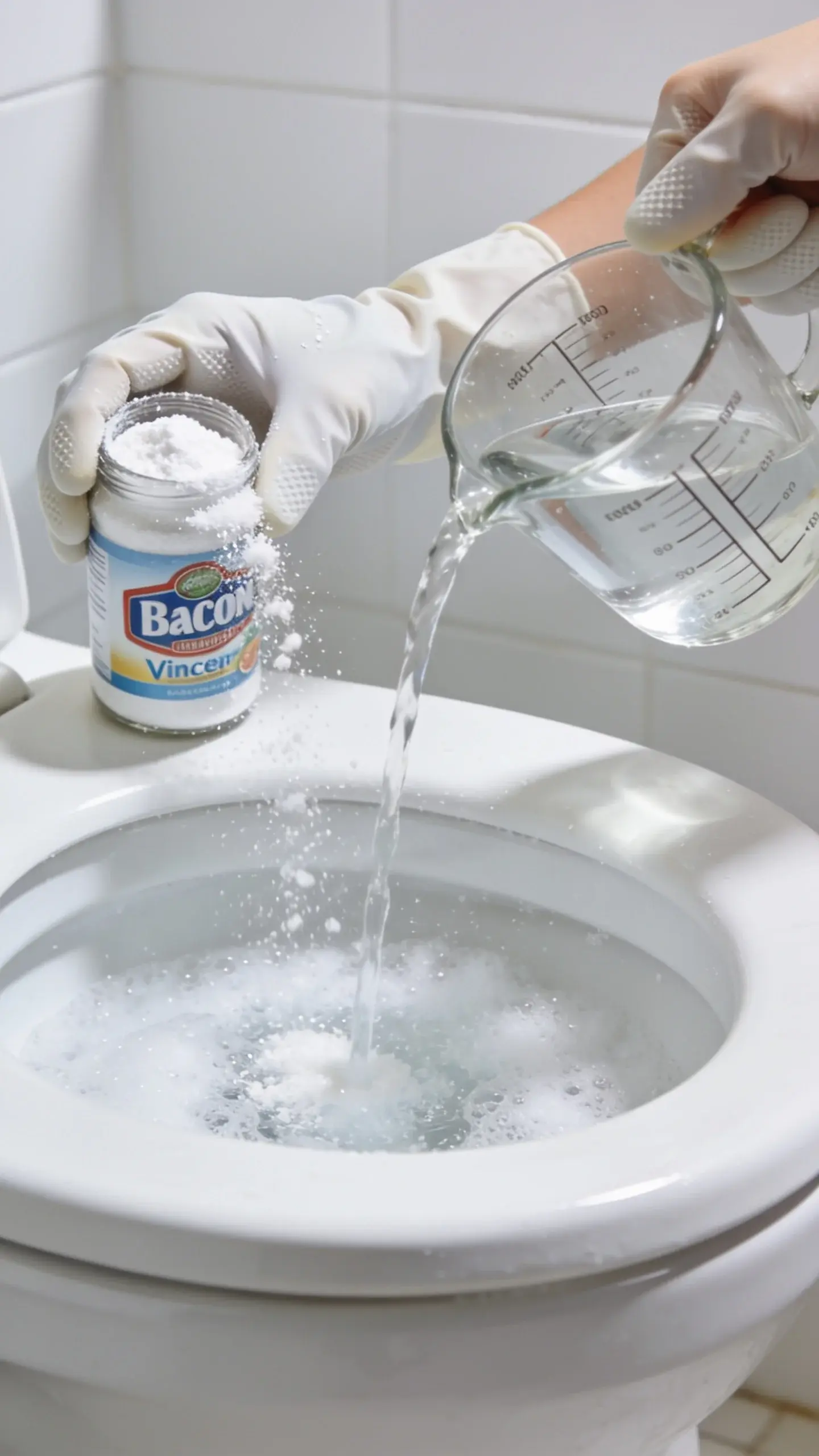 Close-up of the toilet bowl rim being cleaned: a hand wearing reusable rubber gloves sprinkles baking soda from a small jar while vinegar from a glass measuring cup pours in, creating a visible fizzy reaction; white tile background, bright and airy feel, no labels or text.