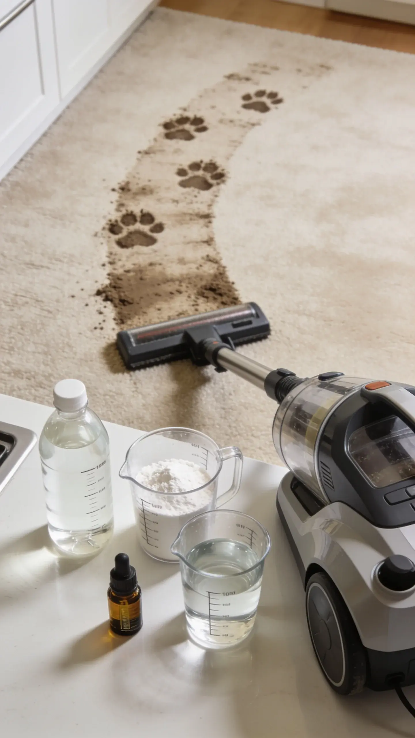 Overhead shot of a carpet cleaning machine next to clear measuring cups filled with white vinegar, baking soda, warm water, and a small bottle of essential oil on a clean kitchen counter; in the background, a beige carpet with a visible muddy paw print trail ready to be cleaned.