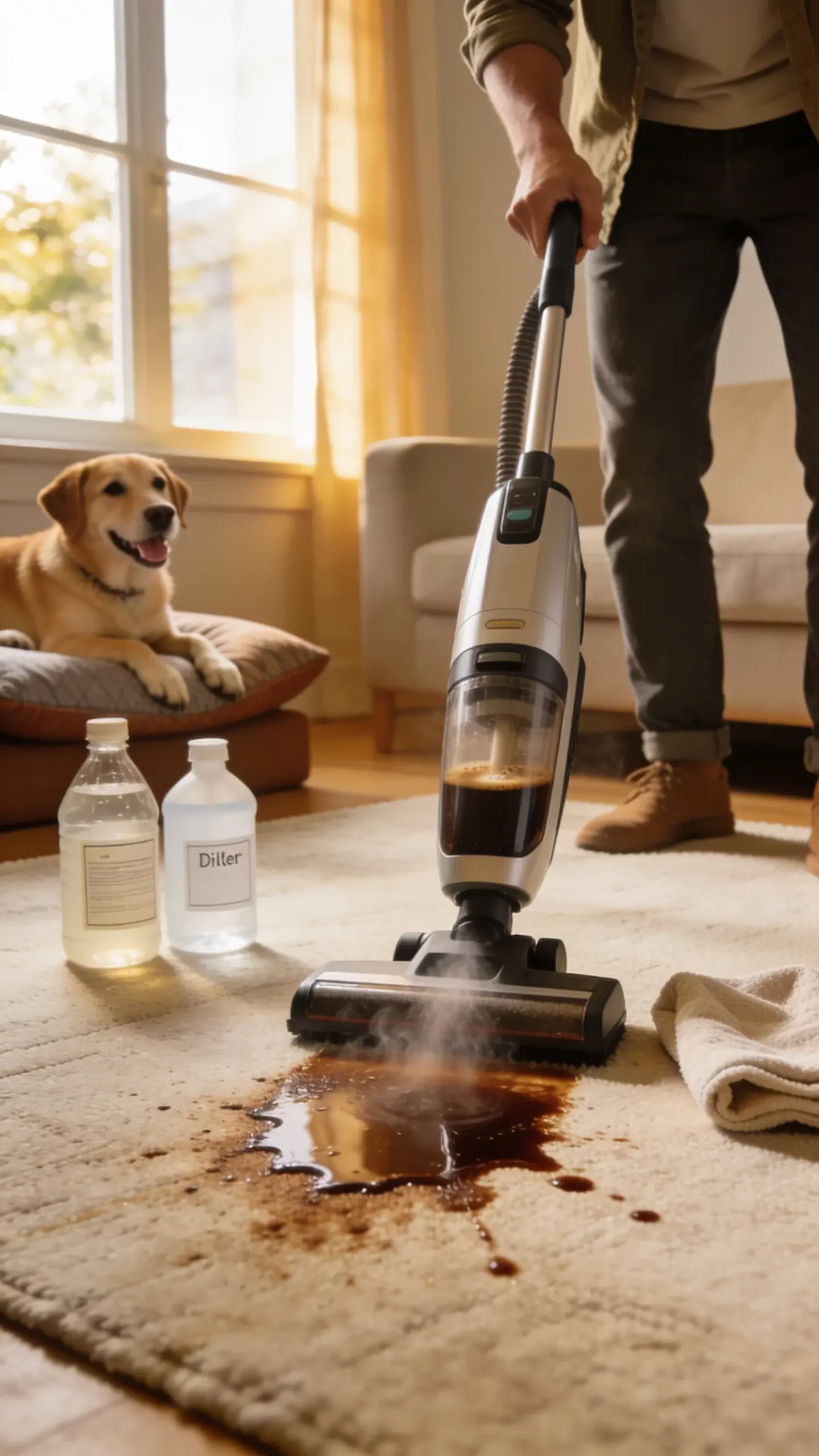 Action scene of a person using a carpet cleaner on a light-colored living room rug with a fresh coffee spill being lifted; nearby are labeled ingredients in simple containers (vinegar, hydrogen peroxide, distilled water) and a towel, with a happy dog lounging off to the side.