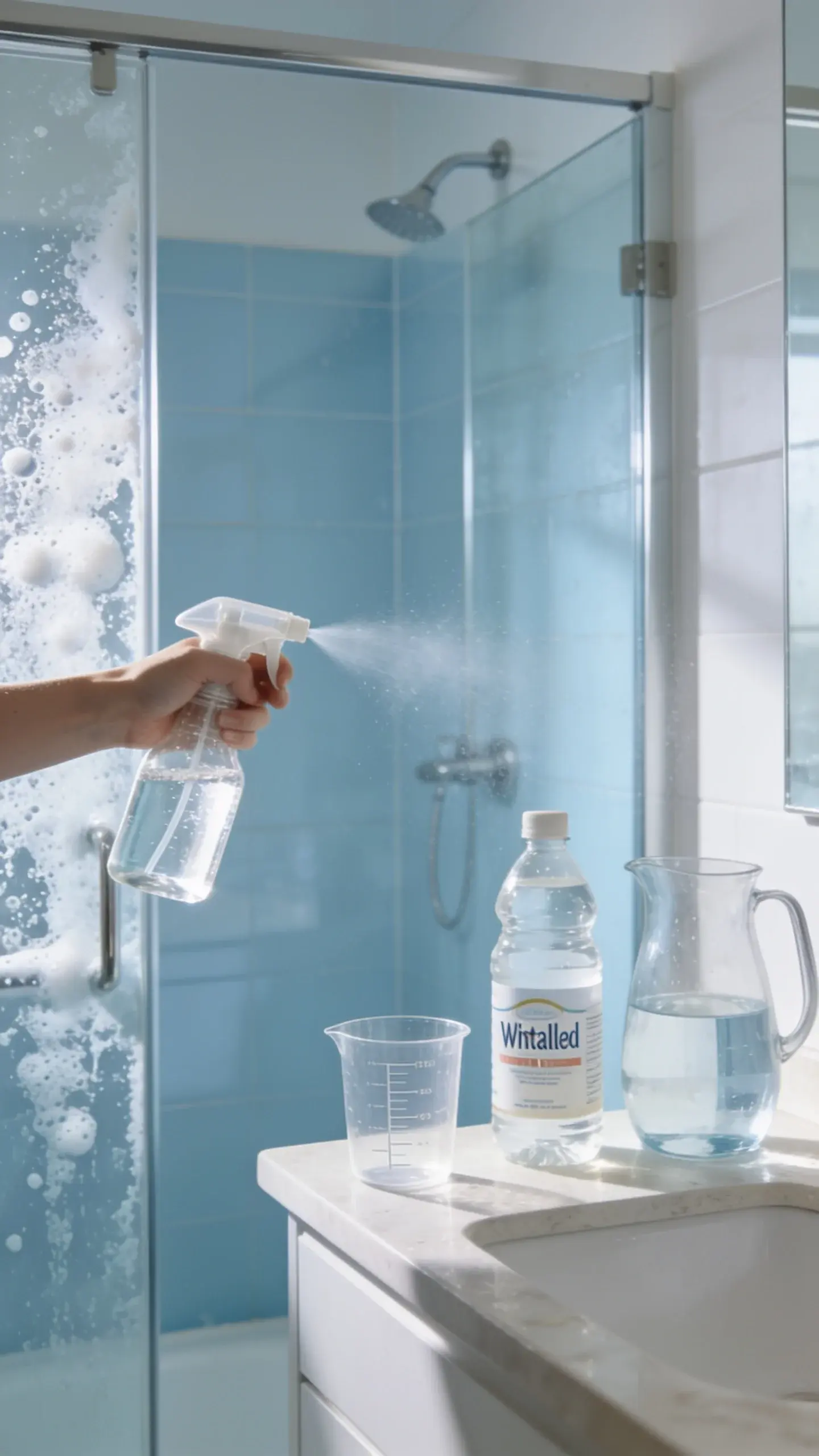A bright, modern bathroom shower with glass doors covered on one side in light soap scum, and a hand holding a clear spray bottle labeled only by appearance (no text) spraying a homemade mixture of clear liquid; nearby on a counter are visible ingredients: a clear measuring cup, a bottle of distilled white vinegar, and a jug of water, with natural morning light.