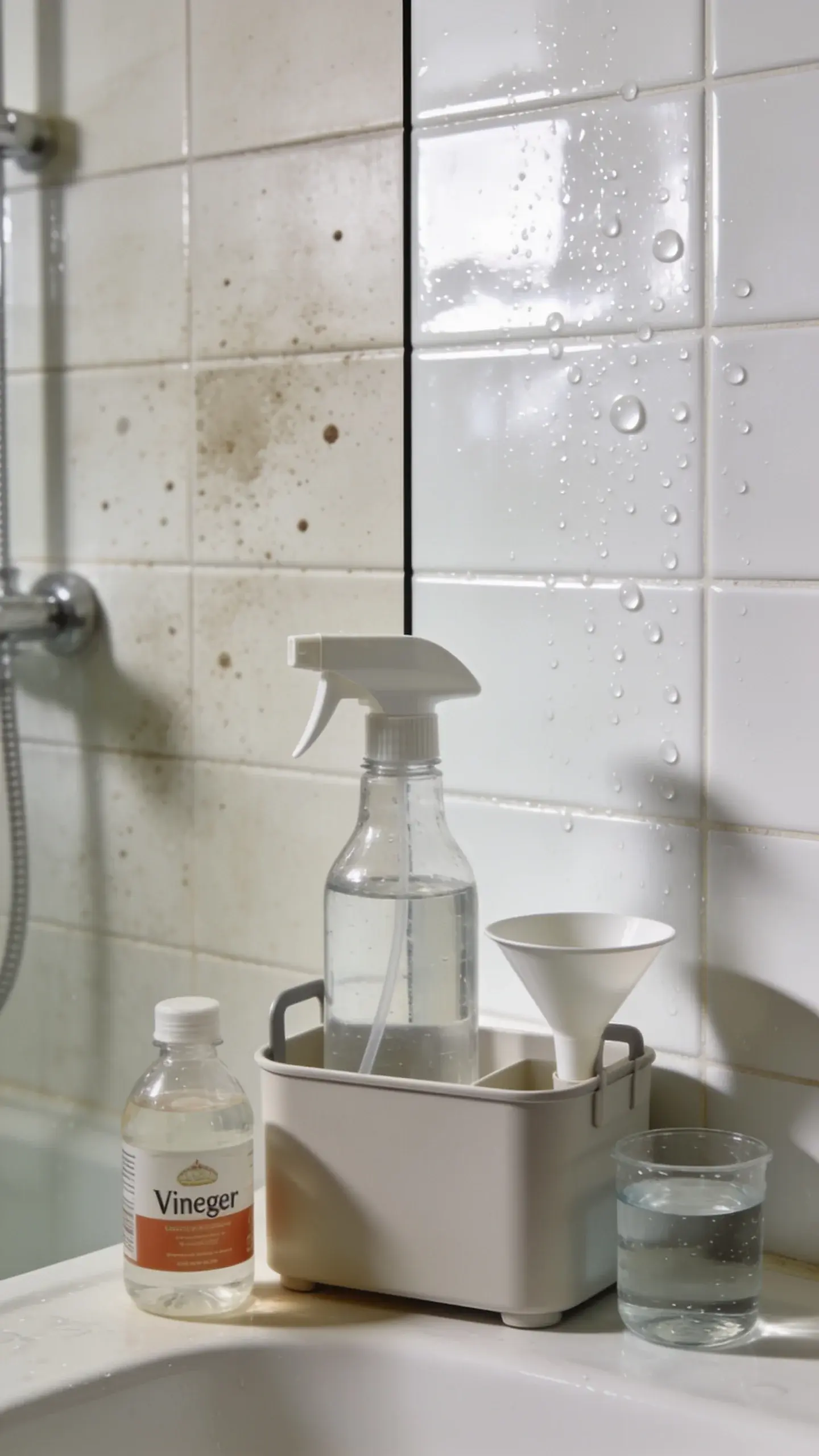 A close-up, before-and-after split view of a tiled shower wall: left side dull with hard water spots, right side gleaming and water-beaded; in the foreground, a simple caddy holds a transparent spray bottle and a small funnel with vinegar and water containers, all styled minimally and cleanly, no labels or text.