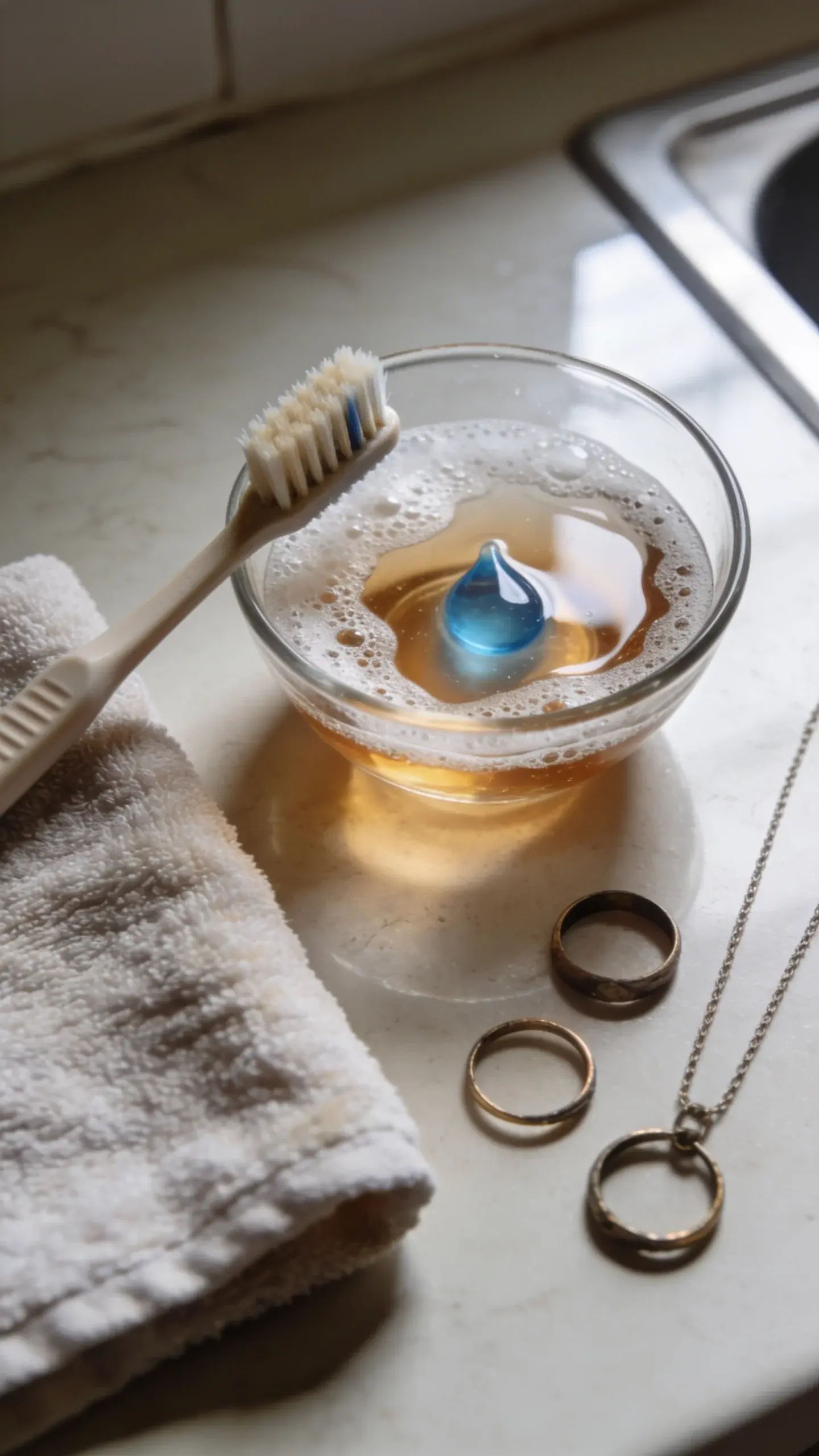 Overhead shot of a small glass bowl with warm soapy water (a drop of blue dish soap creating gentle suds), a soft-bristle toothbrush, a microfiber cloth, and a few dull-looking rings and a necklace laid on a clean kitchen countertop, natural window light, no text.