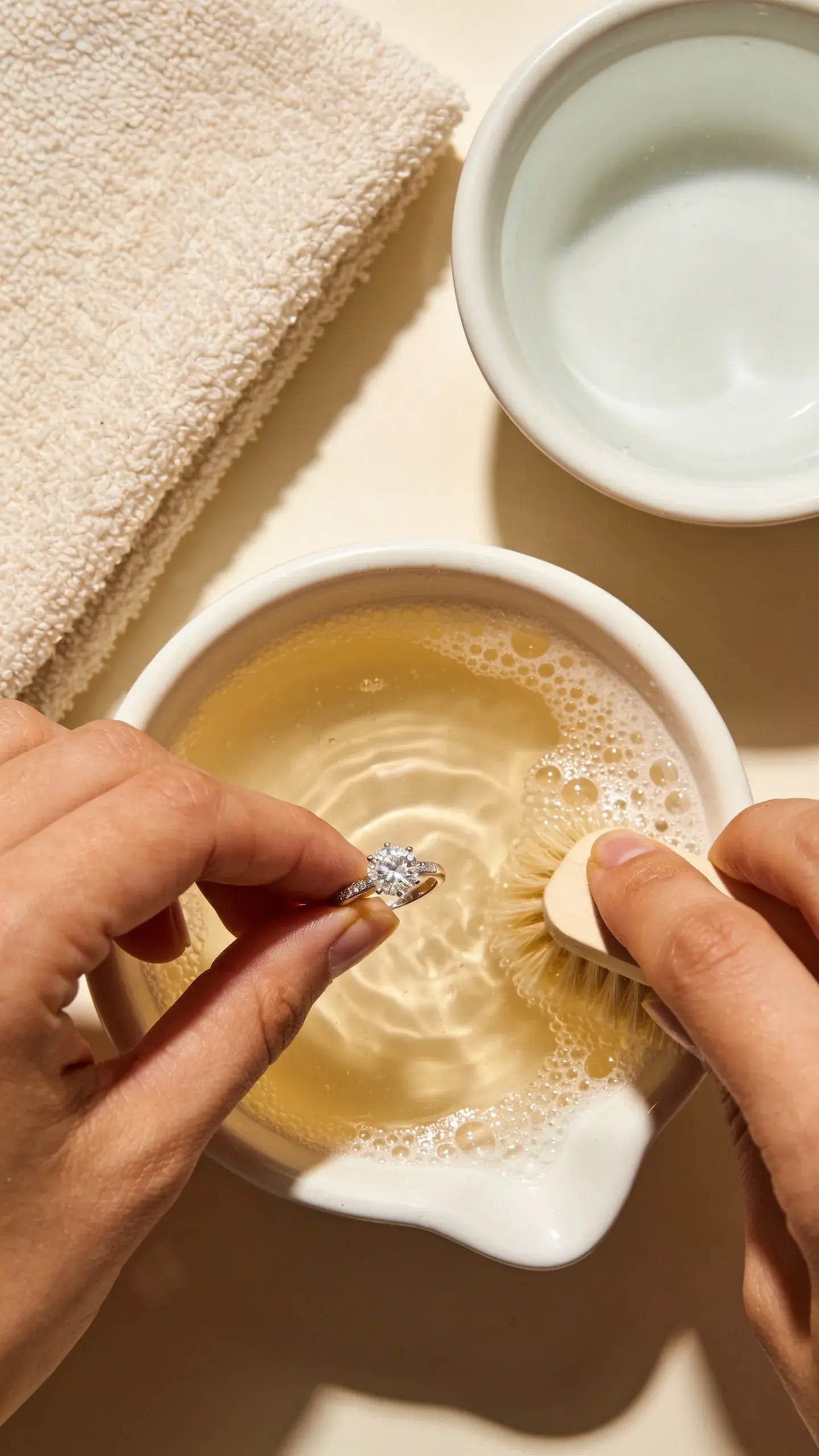 Close-up scene of hands gently brushing a diamond ring over a white ceramic dish filled with warm soapy water, with a microfiber cloth and a small bowl of clear rinse water nearby, soft natural light highlighting sparkle and cleanliness, no text.