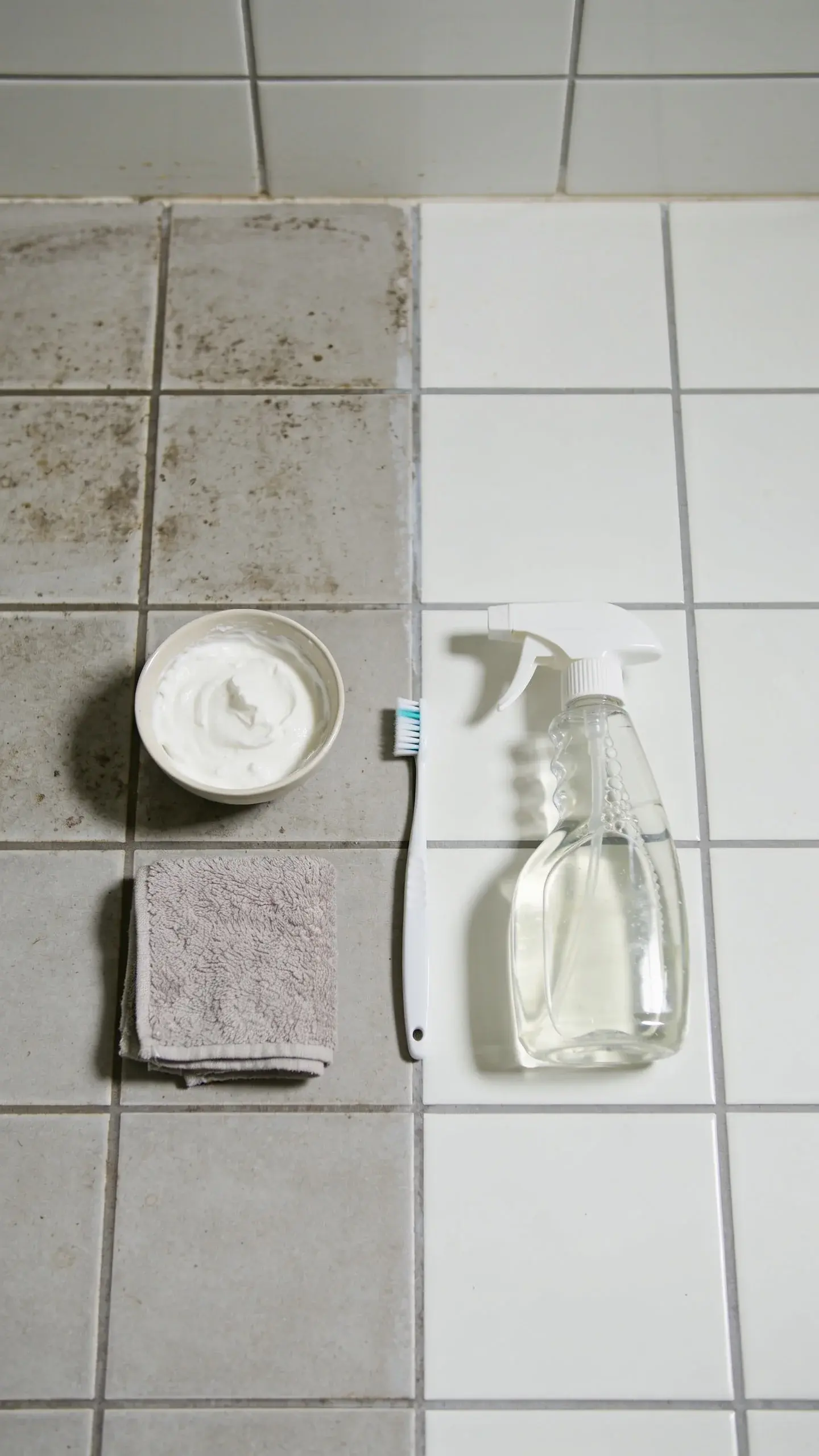 Overhead shot of a bathroom floor with light gray grout lines halfway cleaned: on one side, dingy, stained grout; on the other, noticeably brighter, freshly scrubbed grout. Include a small bowl of white paste, a toothbrush, a spray bottle of diluted vinegar, and a microfiber cloth arranged neatly, in natural daylight, no text.