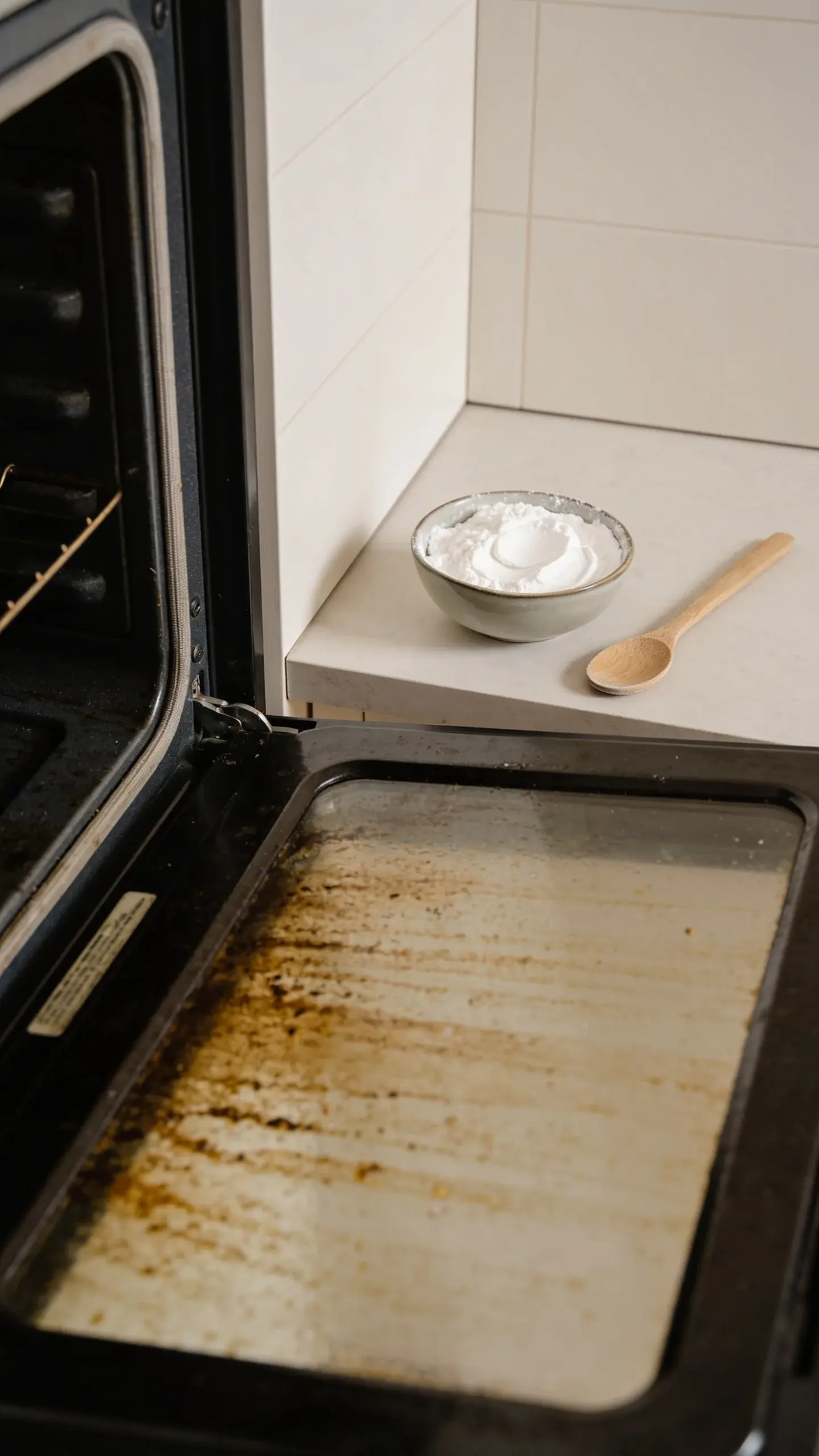 Close-up of an open oven door with visible baked-on grease, a small bowl of thick white baking soda paste and a wooden spoon on a nearby countertop, with natural daylight and a clean, minimalist kitchen backdrop; no text.