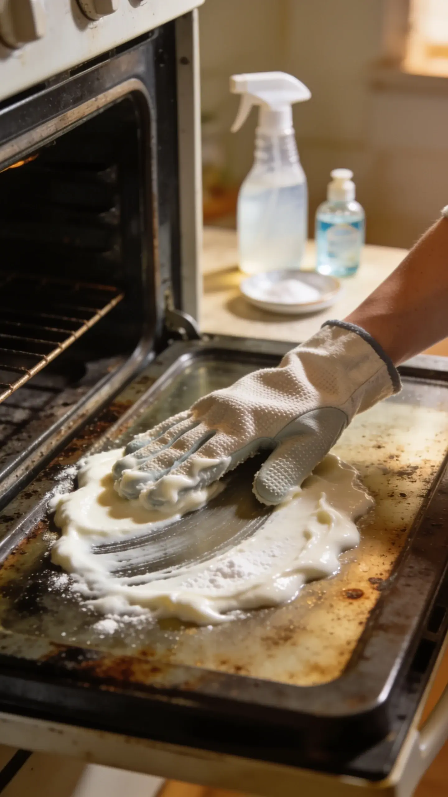 Hand in reusable cleaning glove spreading a creamy baking-soda-and-vinegar paste on a grimy oven interior, with a spray bottle and a small dish soap bottle in soft focus, warm natural light highlighting the texture of the paste; no text.
