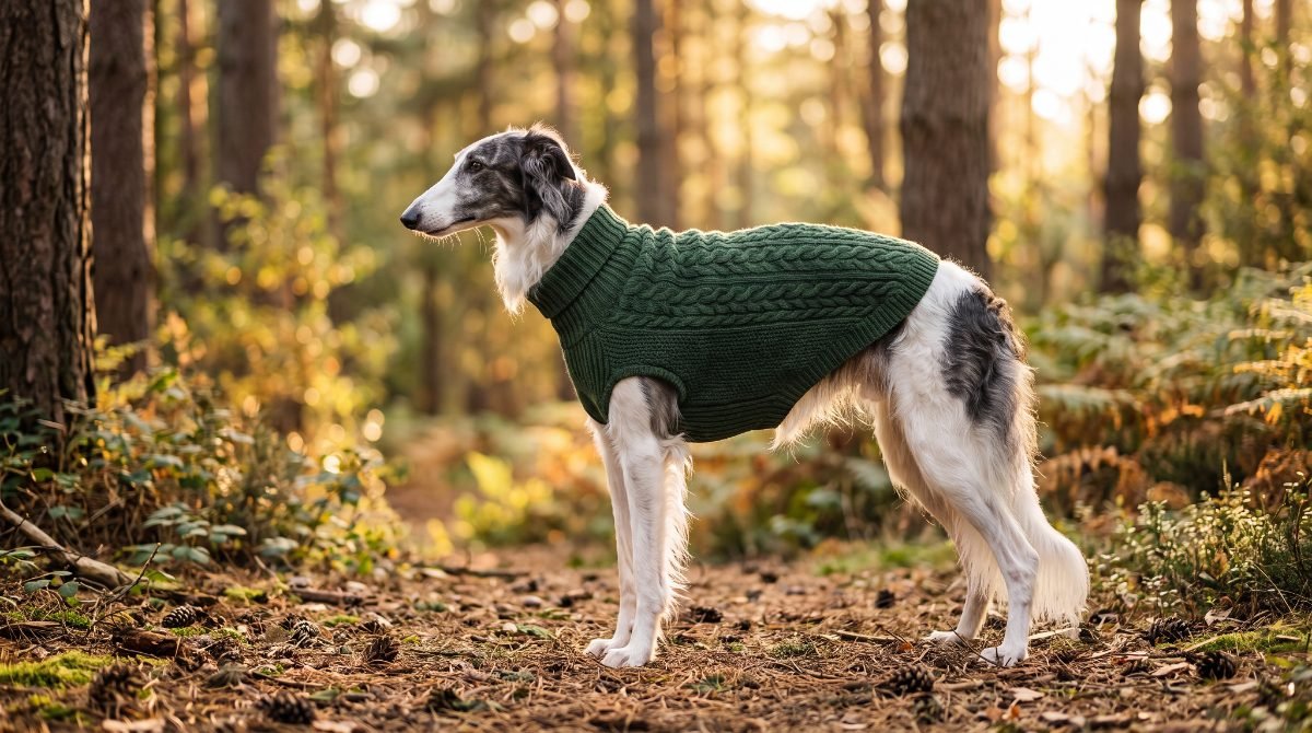 Borzoi wearing a sweater in a sunny autumn forest