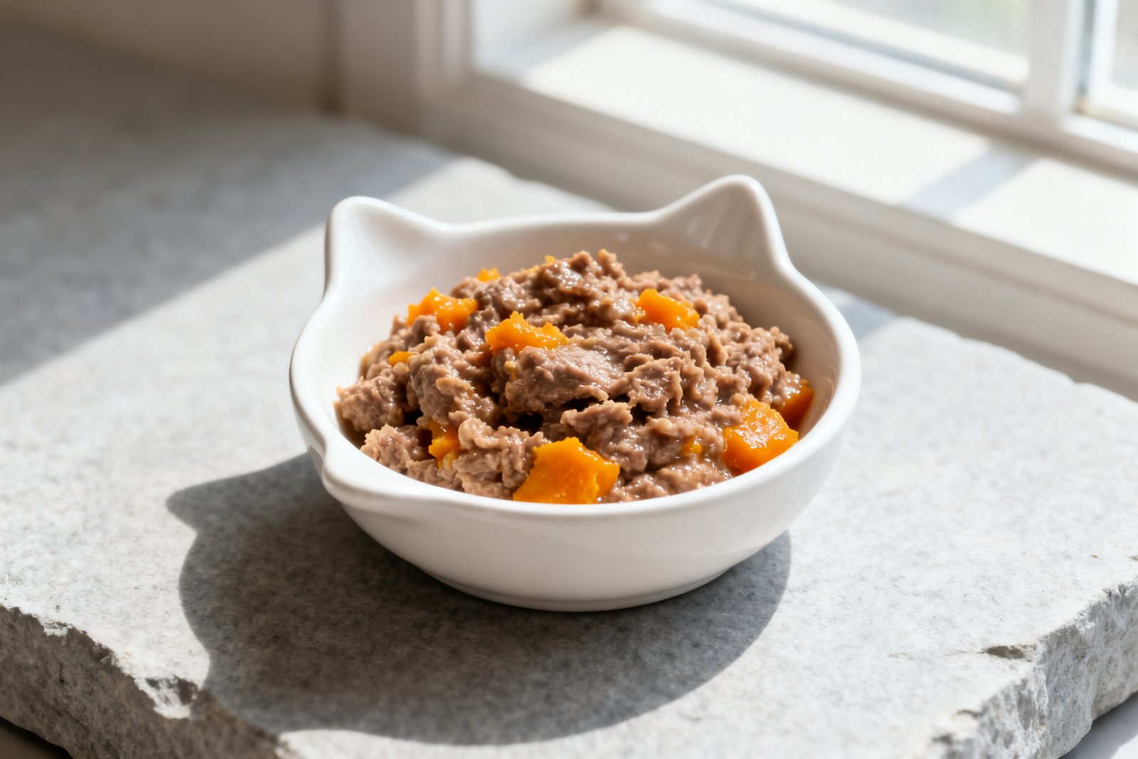 Soft beef mash for cats in a small white bowl