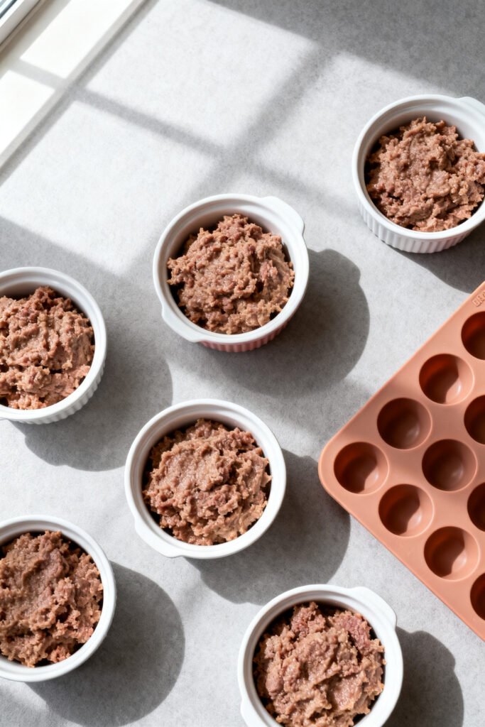 Overhead view of cat-friendly beef mash in small portions