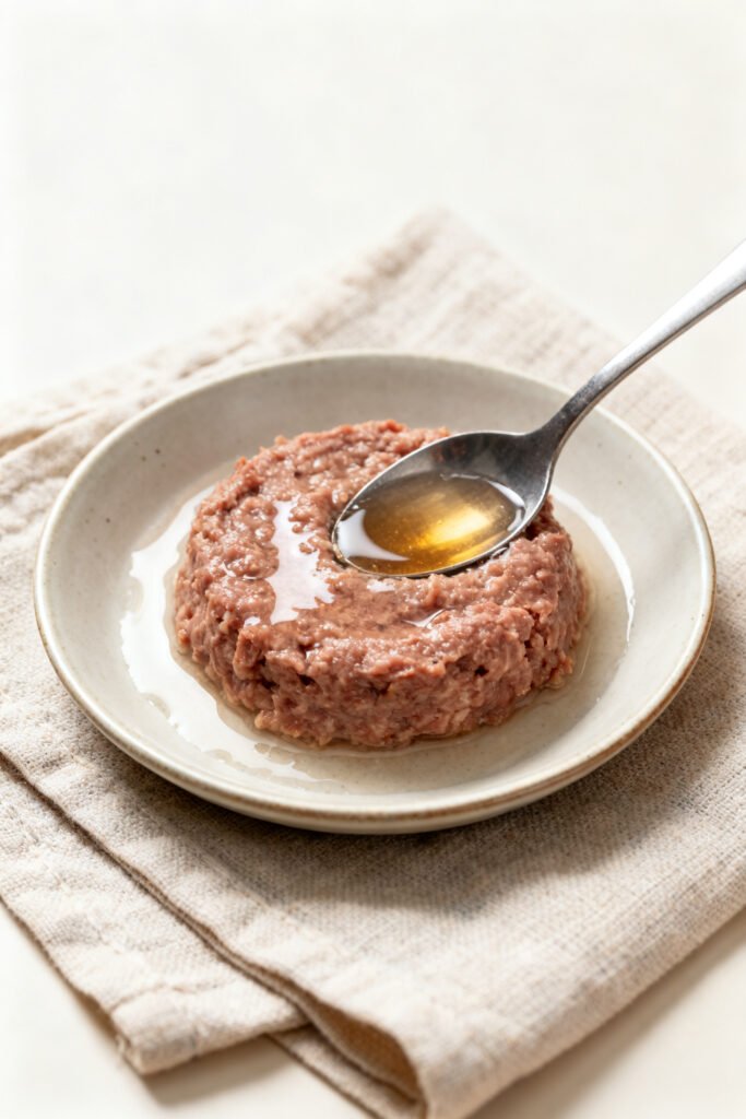Single serving of beef mash for cats in a dish