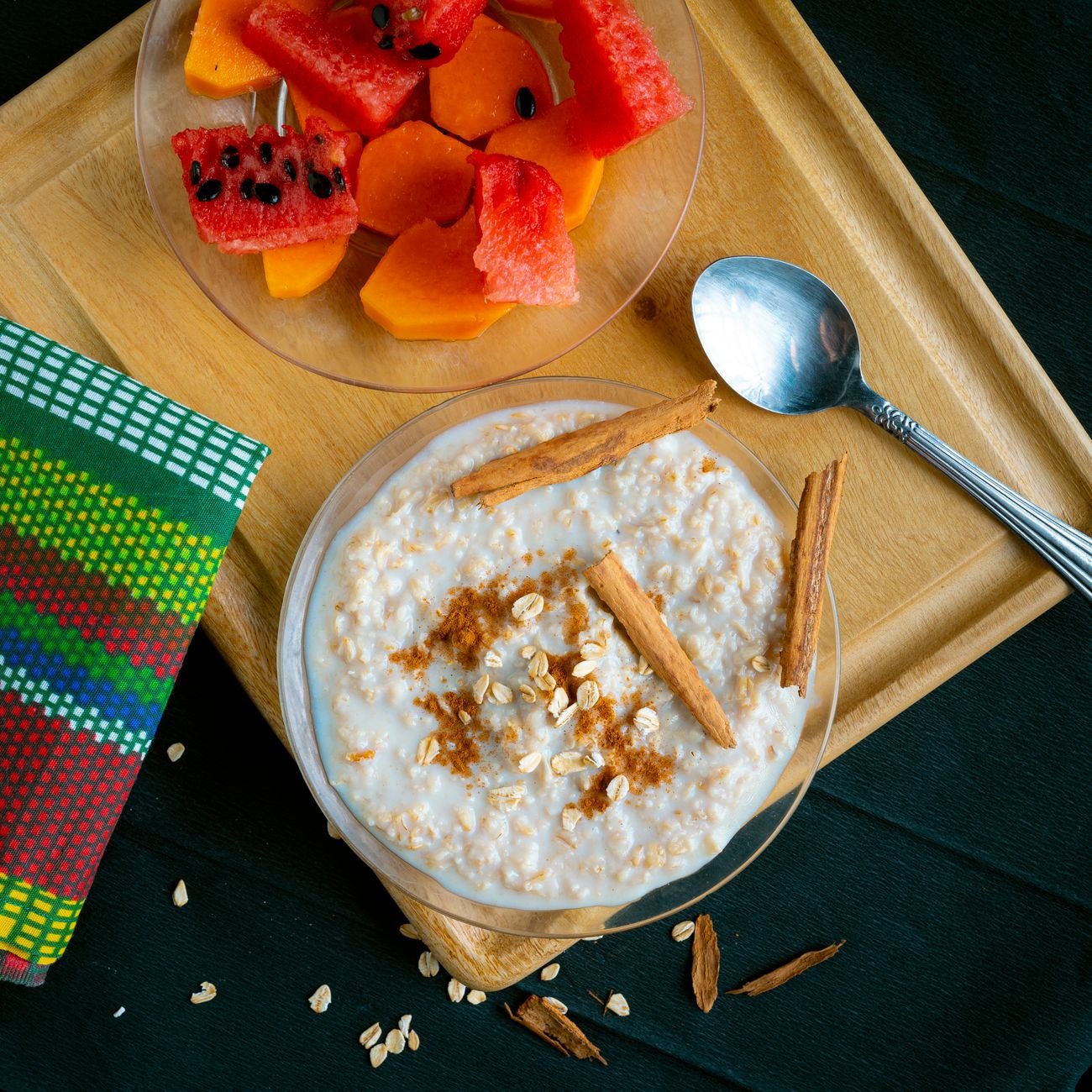 Rolled oats in a bowl on a kitchen counter