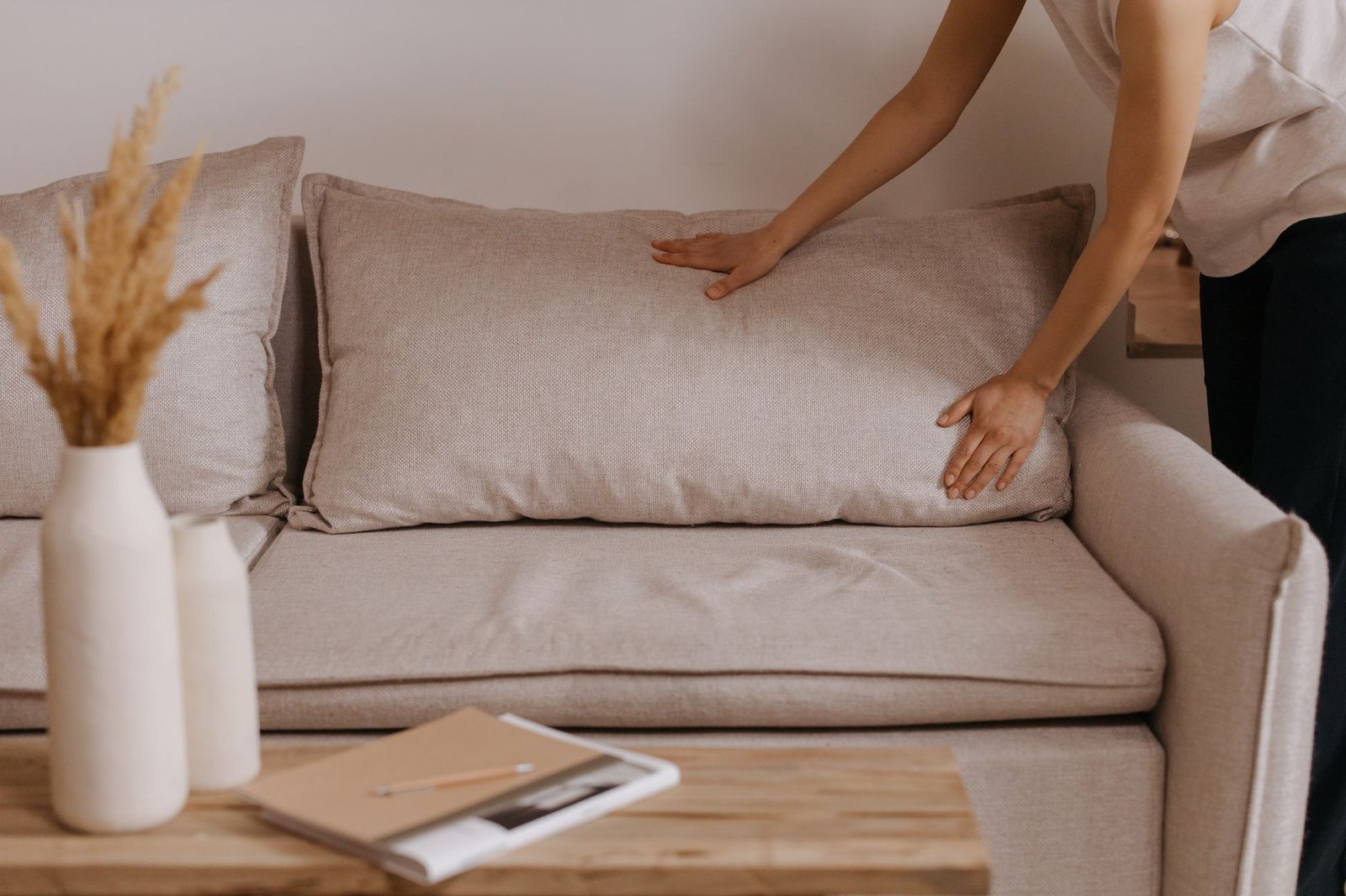 A bright, tidy living room with a clean sofa and clear surfaces