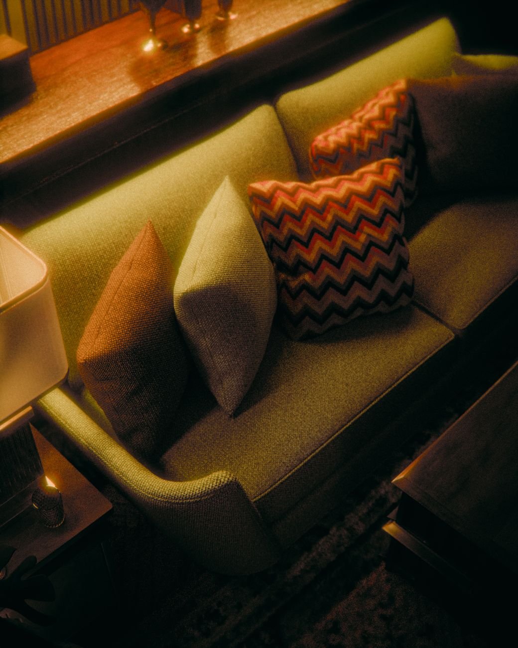 A cozy, tidy living room in the evening