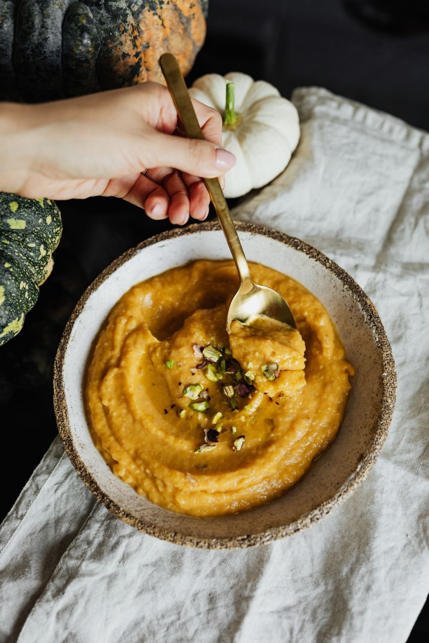 Canned pumpkin puree in a bowl ready for baking