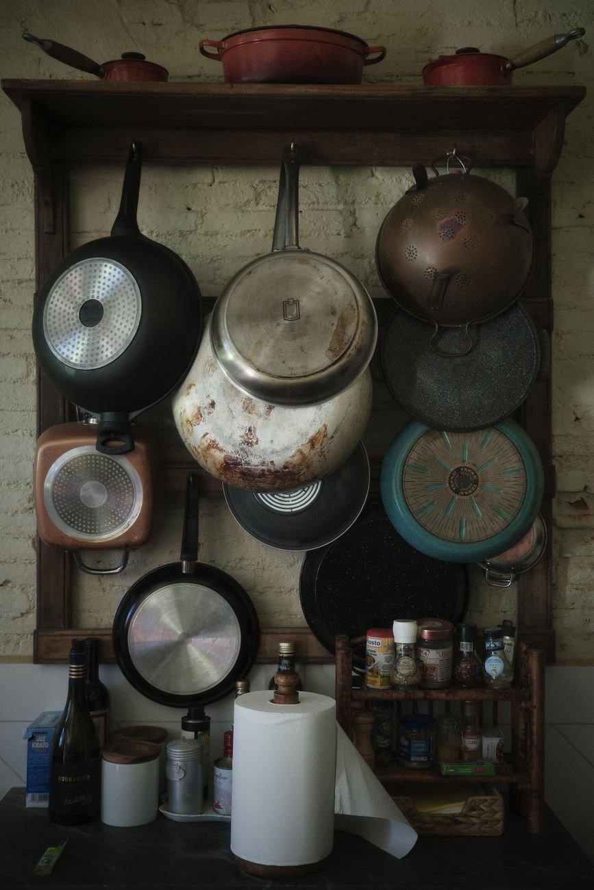 Pots and pans stored where they are easy to grab