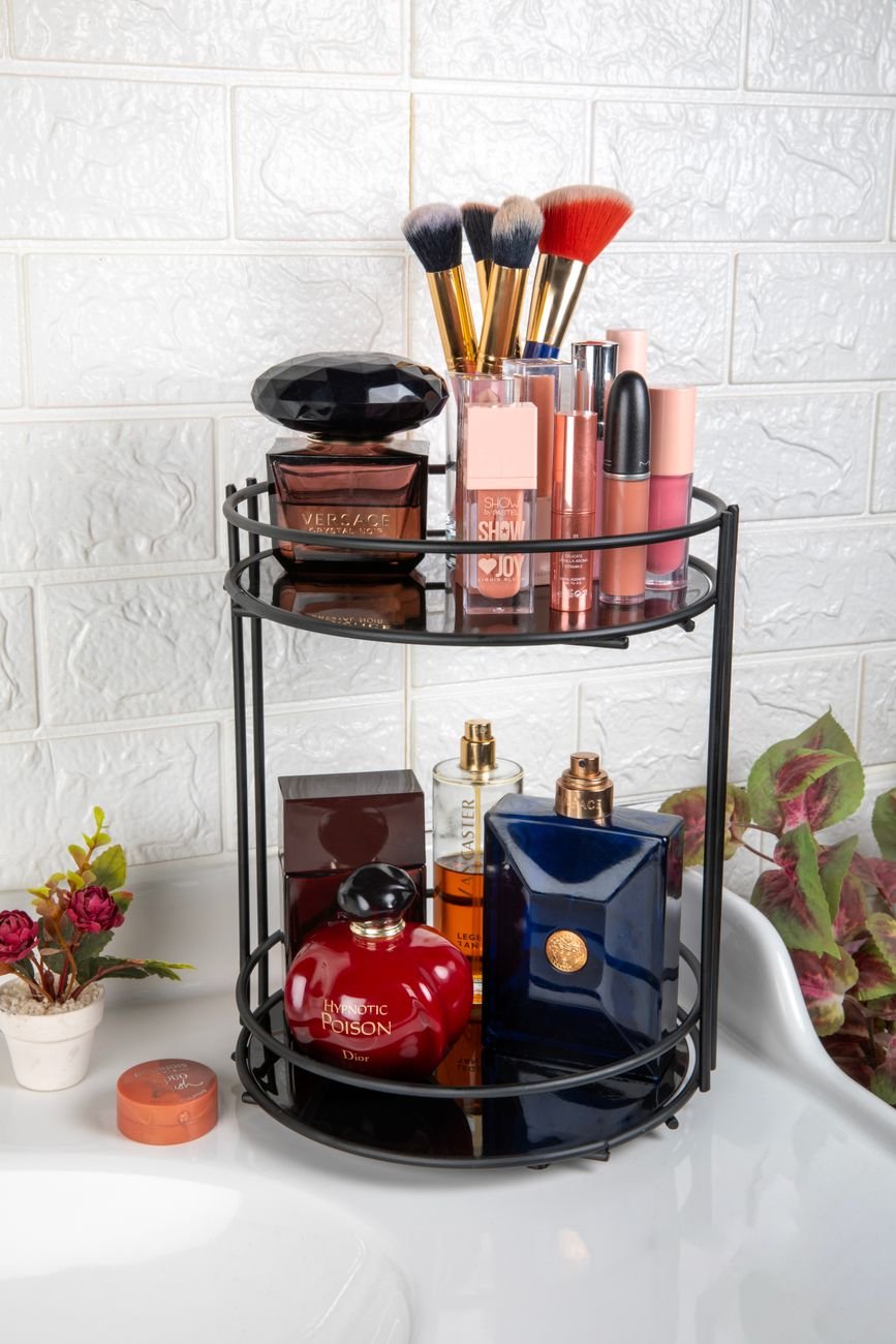 Makeup and toiletries arranged in small containers