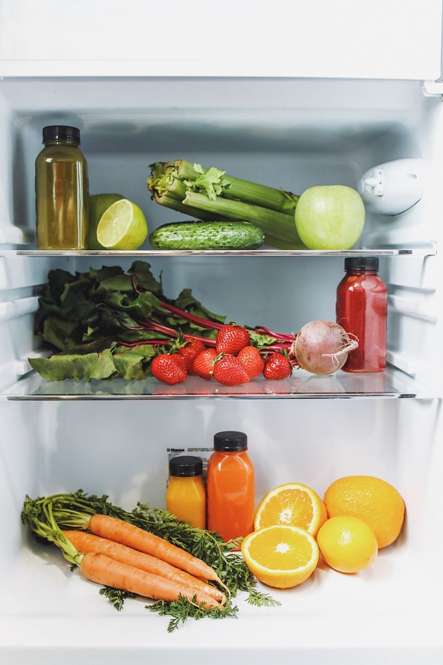 Fresh fruit and vegetables in a refrigerator