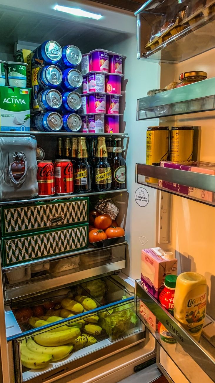 Condiment bottles lined up in a fridge door