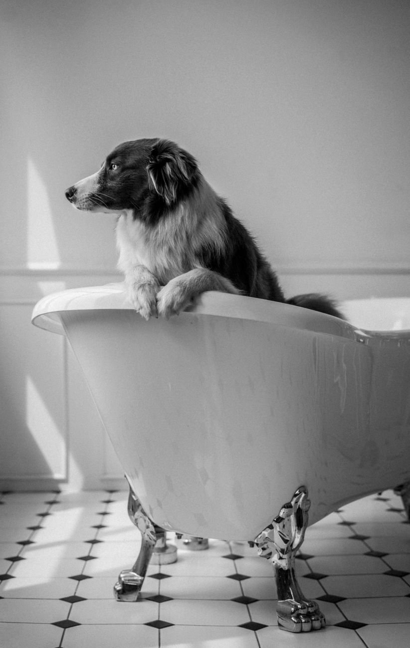 A dog waiting in the bathtub