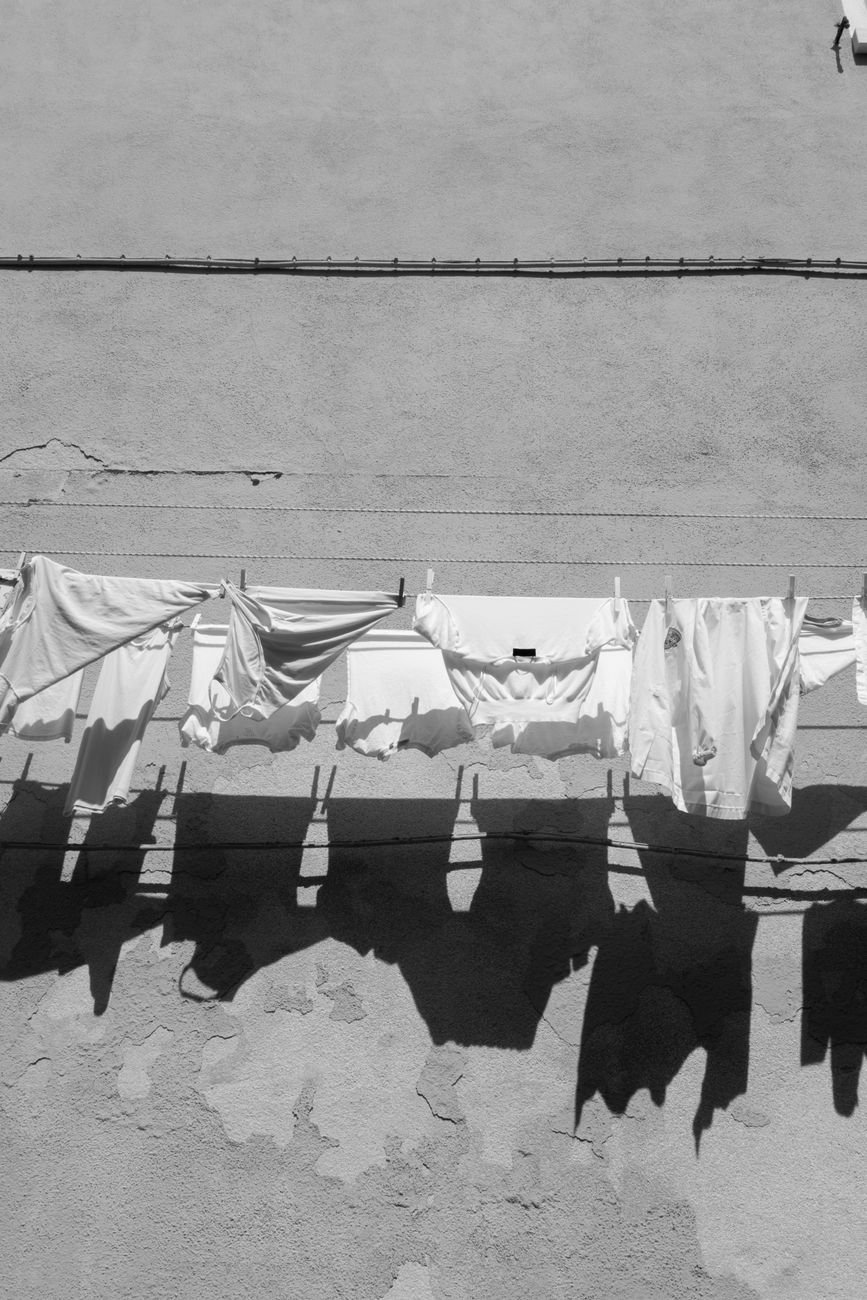 Fresh laundry drying on a line in the sun