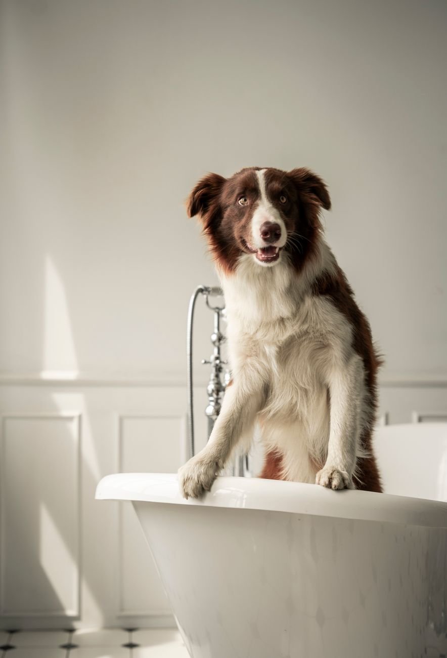 A dog in the bathtub on bath day