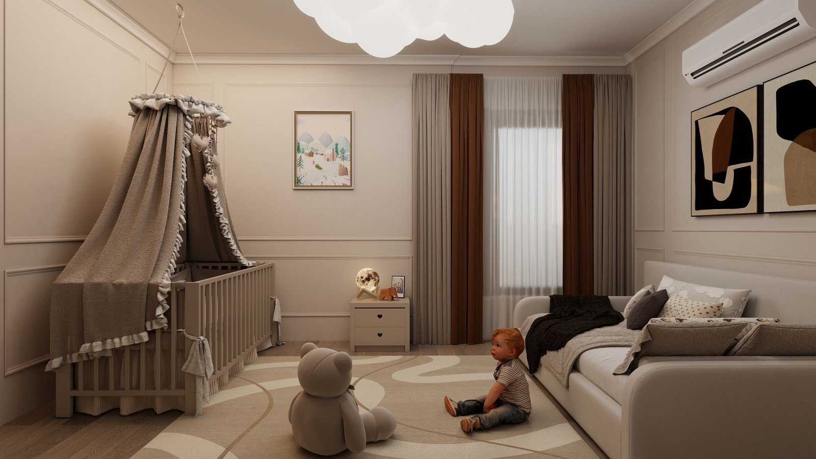 A bright, tidy nursery with a white crib, dresser and soft natural light