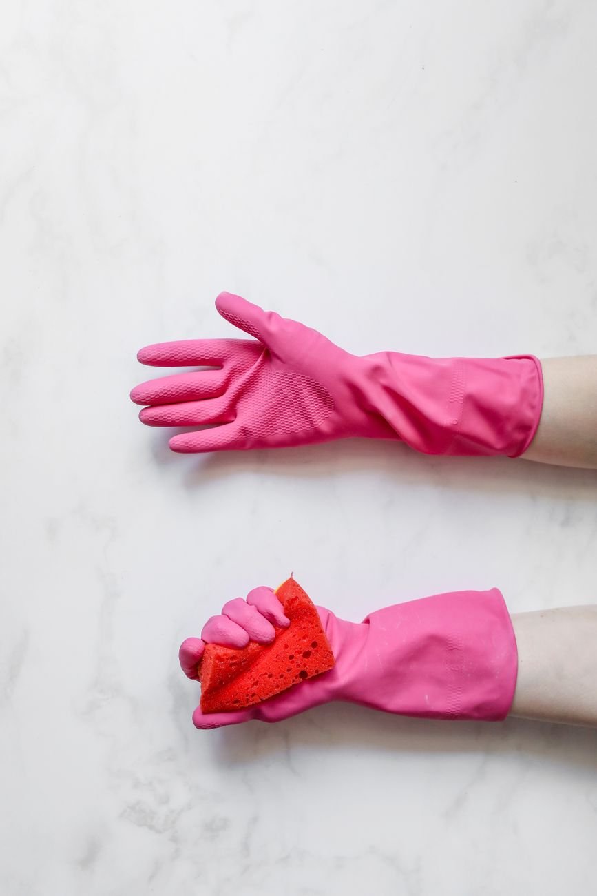 A hand in a rubber glove wiping a couch cushion