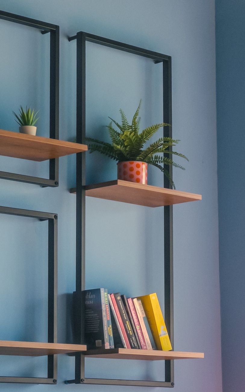 Wall shelves holding books, plants and baskets