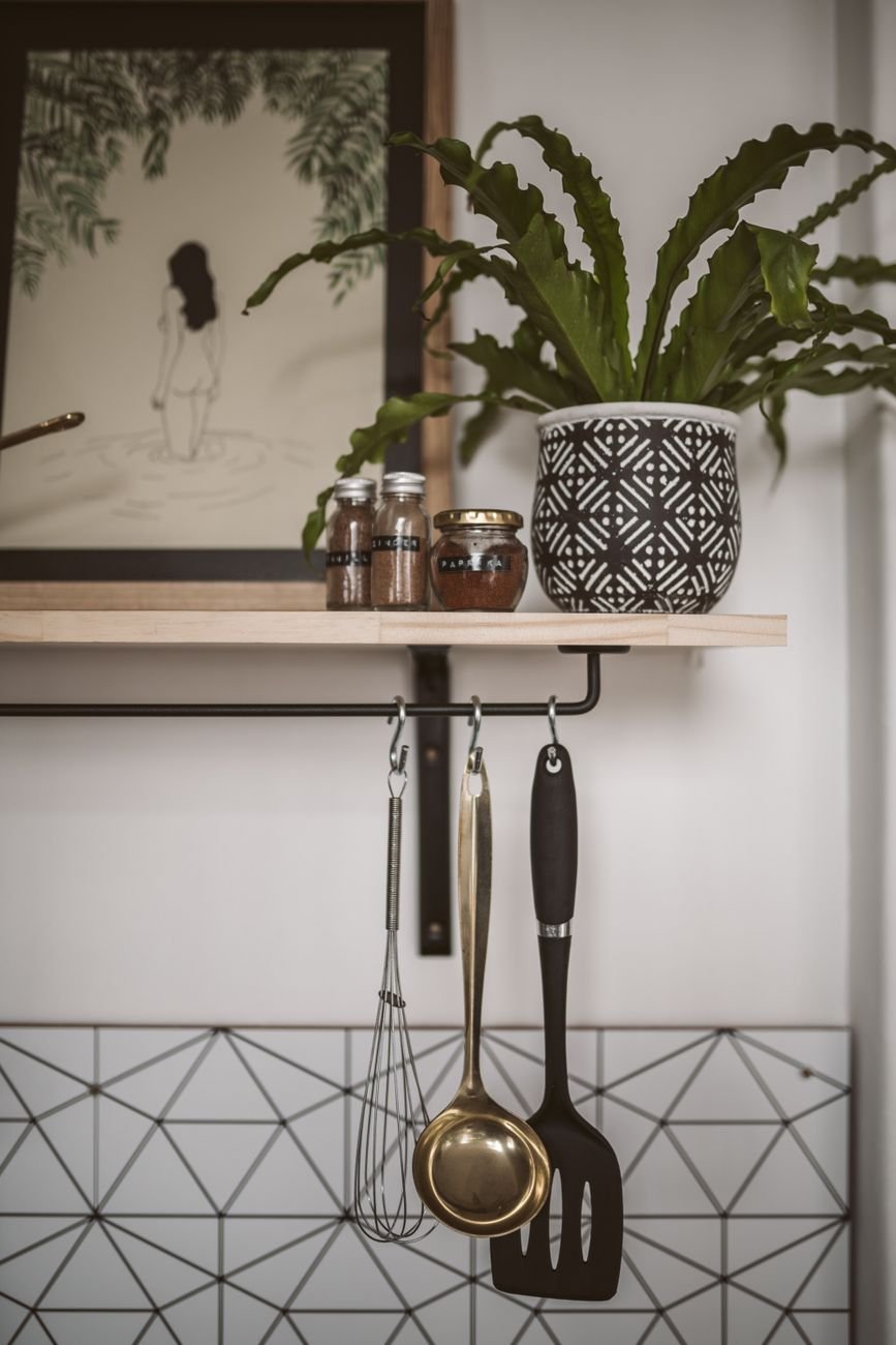 A wall-mounted spice rack above a kitchen counter