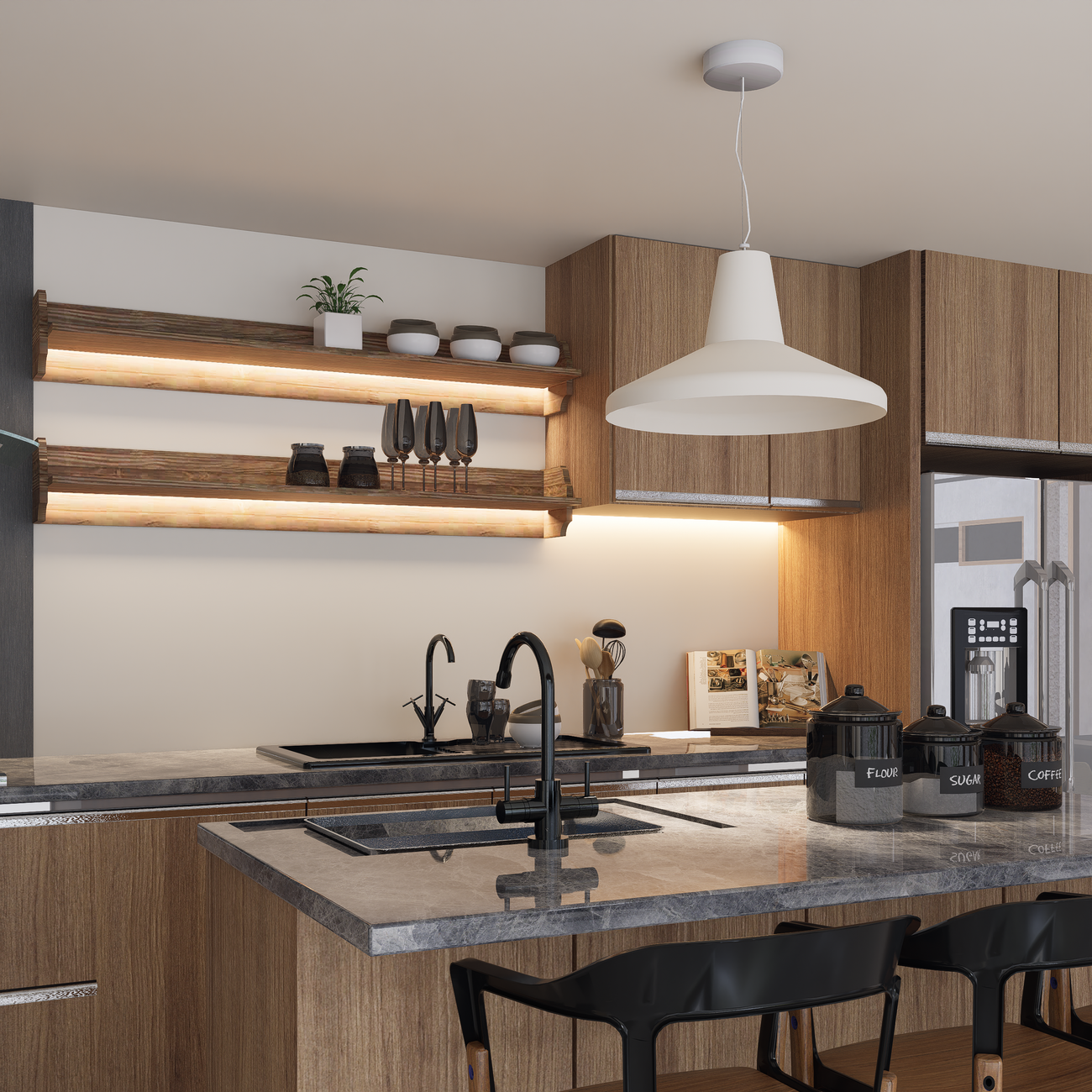 A white kitchen sink with cabinets below